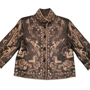 Peter Nygard Embroidered Leather Jacket Boho Floral Mandarin Collar Button Front